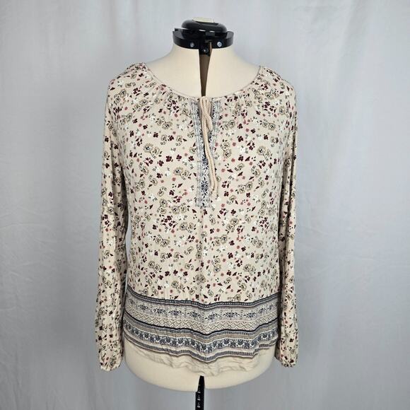Susina Tasseled Blouse Women's L Cream Multi Color Floral Long Sleeve - Picture 1 of 13
